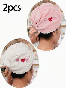 QIBHI 珊瑚絨女款頭髮烘乾帽（刺繡 I Love Y）蝴蝶結甜美風，浪漫優雅洗髮帽，居家沐浴帽，化妝髮帶帽，頭巾烘乾毛巾，女孩必備，柔軟快乾，吸水方便，適用於浴室、飯店、旅行、學校、開學季、居家必需品、護膚 - 彩色 - 查看 16