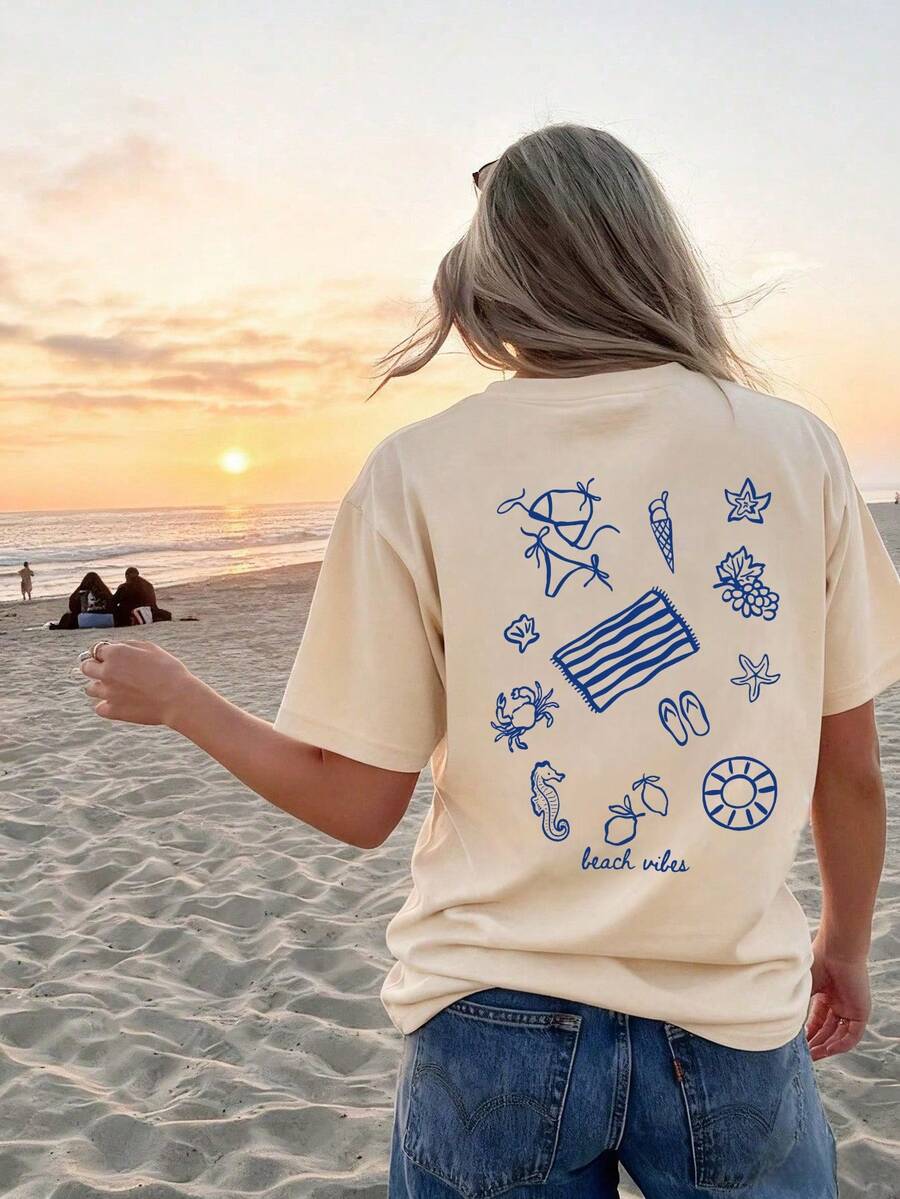 Women's Casual Short Sleeve Round Neck T-Shirt - Printed Pattern, Soft & Comfortable Fabric, Machine Washable, Summer Tops - Apricot - View 1