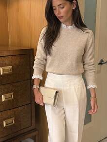 Women's Round Neck Loose Fit Long Sleeve Knit Top, Lace Trim 2 In 1, Solid Color Sweater, Suitable For Office Commute, Autumn/Winter Style - Apricot - View 3