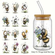 12 piezas/Set Patrón de Abeja Floral Acuarela Transferencia UV Adecuado - Para Manualidades DIY, Tazas, Portátiles & Botellas de Agua, Plástico Autoadhesivo, Decoración de Tazas DIY, Portátil, Decoraciones Festivas, Diseños Festivos, Impresiones de Alta Calidad, Duradero - Multicolor - Ver 1