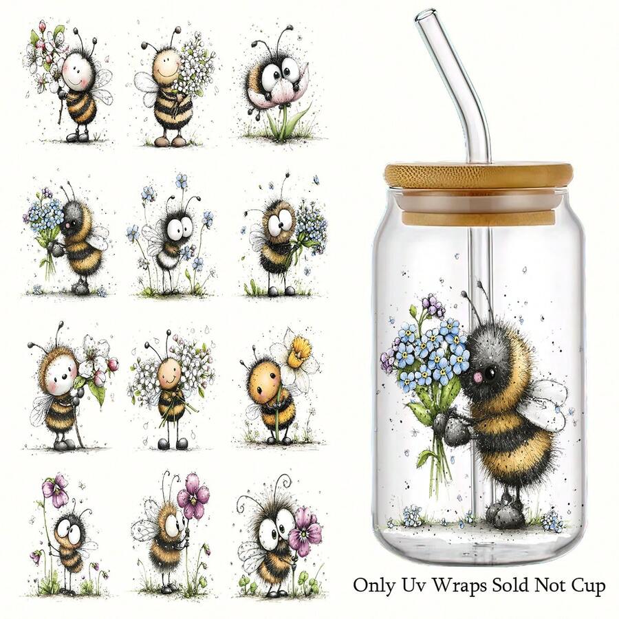 12 piezas/Set Patrón de Abeja Floral Acuarela Transferencia UV Adecuado - Para Manualidades DIY, Tazas, Portátiles & Botellas de Agua, Plástico Autoadhesivo, Decoración de Tazas DIY, Portátil, Decoraciones Festivas, Diseños Festivos, Impresiones de Alta Calidad, Duradero - Multicolor - Ver 1