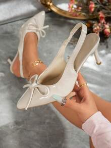 Fashion Patent Leather Bow Backless High Heel Shoes, Pointed Toe Stiletto Pumps, Gentle Style Versatile Women's Shoes For Dating And Commuting - White - View 1