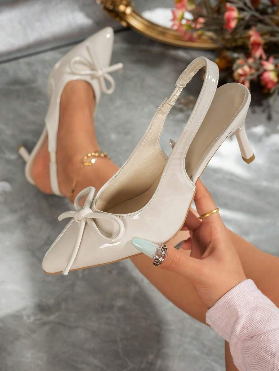 Fashion Patent Leather Bow Backless High Heel Shoes, Pointed Toe Stiletto Pumps, Gentle Style Versatile Women's Shoes For Dating And Commuting - White - View 1