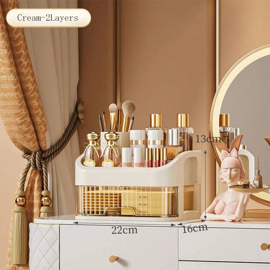 Caja de almacenamiento de cosméticos de gran capacidad, cajón transparente, caja de almacenamiento de maquillaje de joyería, organizador de escritorio multifuncional multicapa - Crema - 2 capas - Ver 1