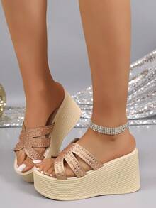 Plus Size High Heel Sandals Slip-On Thin Strap Wedge Heel Rhinestone Fashion Versatile Thick Sole Sandals - Rose Gold - View 1