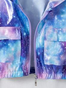 Girls' Casual Fashion Starry Gradient Shiny Short Zip-Up Hooded Jacket With Pockets For Spring And Autumn - Blue - View 9