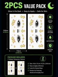 2入組螢光臨時紋身貼紙，眼睛閃亮星星雀斑圖案，Y2K風格亮片臉部與額頭防水假紋身，持效2-5天，音樂節臉部紋身，派對生日驚喜禮物 - 彩色 - 查看 4