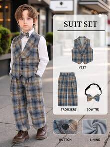 Young Boys 4-Piece Formal Suit Set Vest + Matching Pants + Exquisite Bow Tie + Matching Suspenders Suitable For Family Gatherings, Birthday Parties And Other Occasions High-End Suit - Blue - View 12