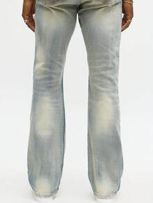 Celana Jeans Flare Bordir, Celana Jeans Flare Slim Fit Pria dengan Bordir Huruf, Celana Flare Sobek, Jeans Tumpuk Gaya Y2K, Jeans Bordir dengan Warna Kontras, Cocok untuk Semua Musim - Biru - View 4