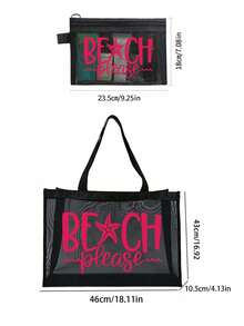 網格托特包套組，彩色「Please Beach」字樣與海星設計，網格化妝包，海灘手提包，休閒度假包，可折疊大容量游泳包，夏季必備，適合學校、度假、開學使用，送給朋友和老師的理想禮物 - 彩色 - 查看 11