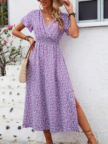 Floral Dress With Butterfly Sleeves And Leg Slit - Red - View 9