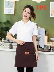[Canvas Apron] 1pc Extended Waistband Reinforced Seams Kitchen Canvas Apron | Women's Restaurant Waitress Half Apron - Multicolor - View 14