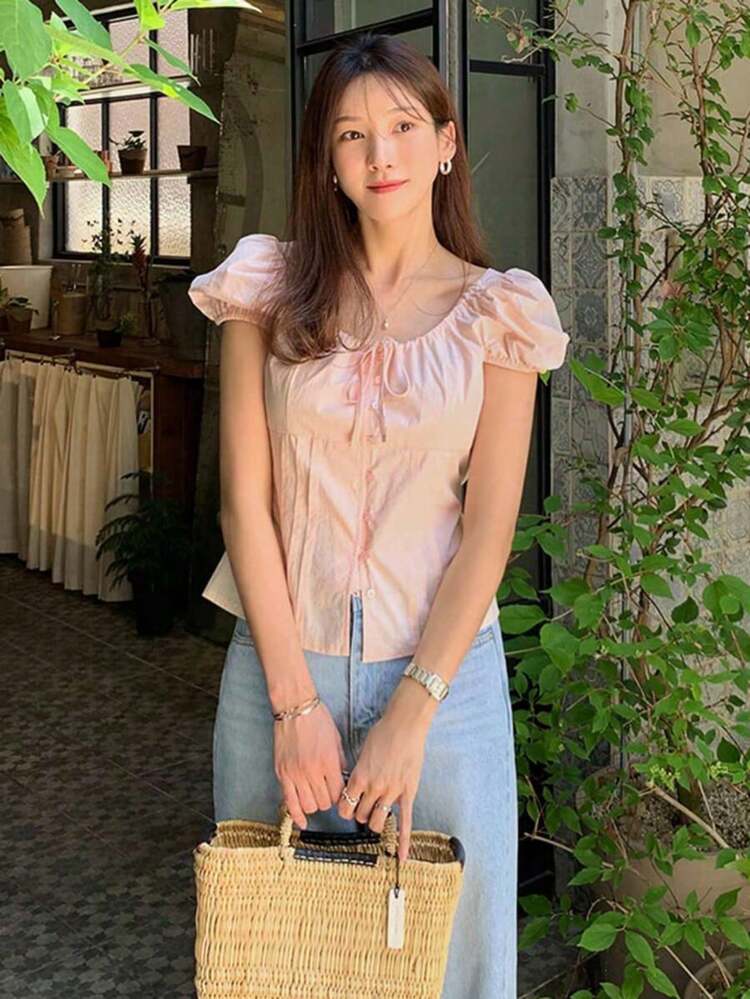 Blusa de manga corta ajustada con mangas abullonadas y cintura con lazo, unicolor, rosa, para primavera/verano y vacaciones - Verde militar - Añade 7