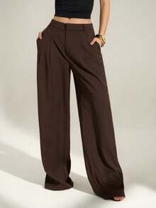 Sexy And Casual Business-Style High-Waisted Wide-Leg Pleated Trousers - Elegant Solid-Color Loose-Fitting Trousers, Professional Office Wear, Work Trousers With Co - 棕色 - 查看 12