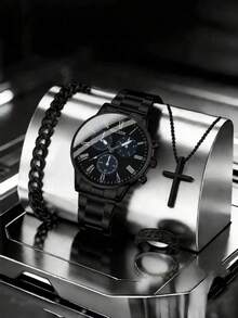 4pcs Men's Watches, Quartz Watches, Hip-Hop Style Necklaces, Bracelets And Rings, Suitable For Back-To-School, Graduation, And Thanksgiving. - Multicolor - View 1