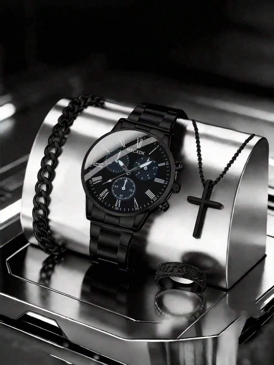 4pcs Men's Watches, Quartz Watches, Hip-Hop Style Necklaces, Bracelets And Rings, Suitable For Back-To-School, Graduation, And Thanksgiving. - Multicolor - View 1