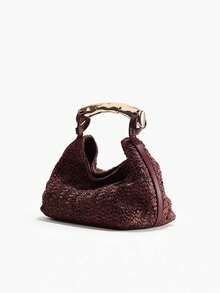 Metal Handle Tote Bag, Versatile Daily Vintage Fashion Straw Handbag - Burgundy - View 2