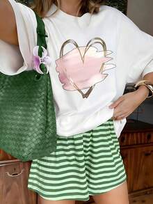 Coquette Pink Brush Stroke Gold Line Heart Graphic T-Shirt, 100% Cotton Oversized Soft Breathable Romantic Tee, Casual Crewneck Short Sleeve Top For Valentine's Day & Teen Girls - 白色 - 查看 10