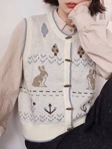 Women's Casual Retro Funny Pattern Round Neck Knit Cardigan Vest Top, Autumn/Winter Fall - Beige - View 1