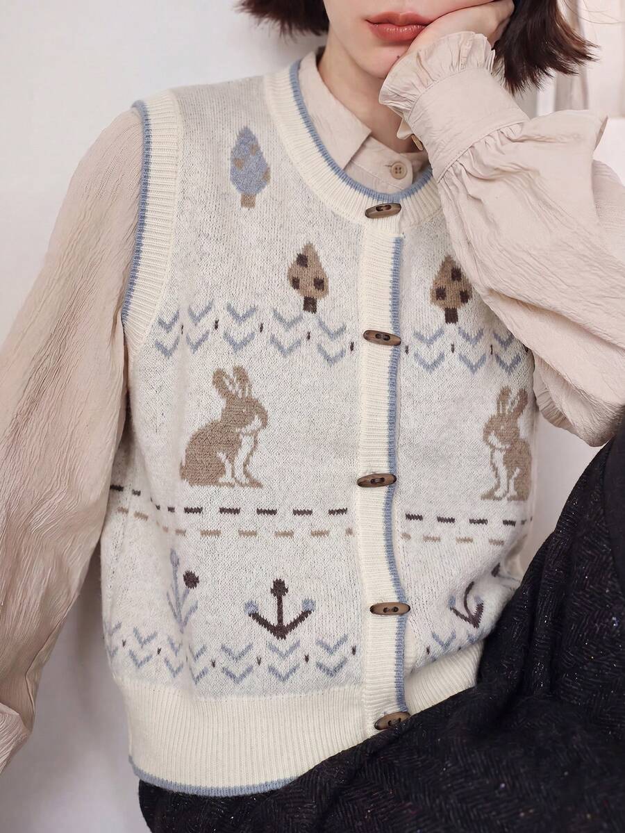 Women's Casual Retro Funny Pattern Round Neck Knit Cardigan Vest Top, Autumn/Winter Fall - Beige - View 1