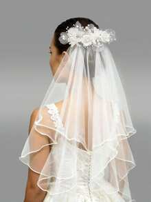 1pc Girls First Communion Veil - White Holy First Communion Headpiece With Comb, Decorated With Silk Flowers, Rhinestones And Pearls - White - View 1