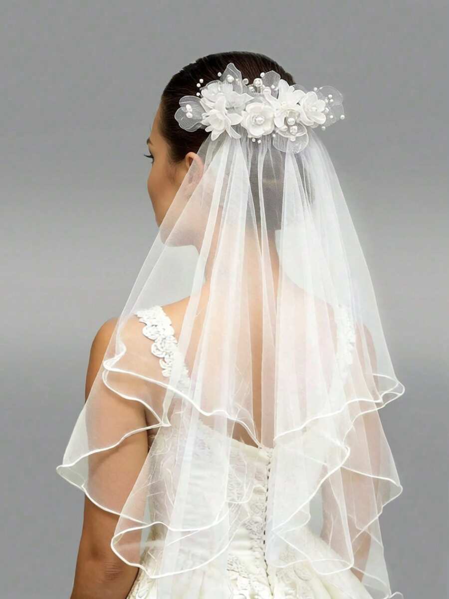 1pc Girls First Communion Veil - White Holy First Communion Headpiece With Comb, Decorated With Silk Flowers, Rhinestones And Pearls - White - View 1
