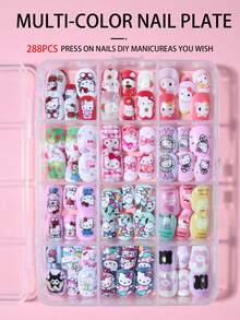 SANRIO 三麗鷗 Hello Kitty 288片/組 (12款混搭) 短方型法式穿戴甲，可愛3D Hello Kitty、酷洛米、大耳狗和布丁狗設計，完美貼合壓克力假指甲組，適合女孩日常與派對美甲 - 彩色 - 查看 5