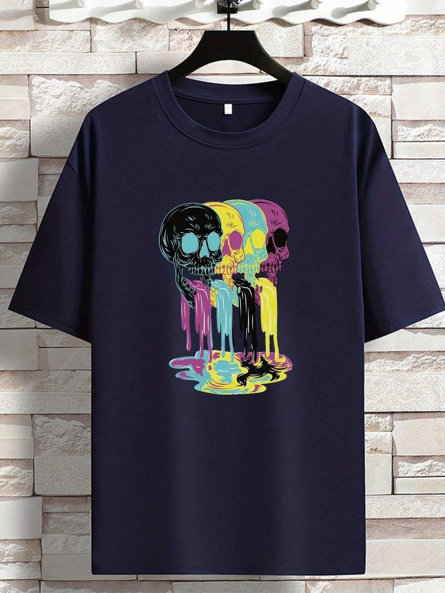 Camiseta de manga corta de primavera/verano 2023 con estilo de moda americana, estampado para jóvenes, con un diseño de cuello redondo que es grande y versátil para uso casual, talla grande - Negro - Ver 1