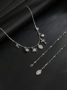 2pcs/Set Men's Double Layer Y-Shaped Necklace Set, Silver Tone Colorful Rhinestone Cross And Virgin Mary Pendant Necklace, Gothic Street Style Jewelry - White K - View 7
