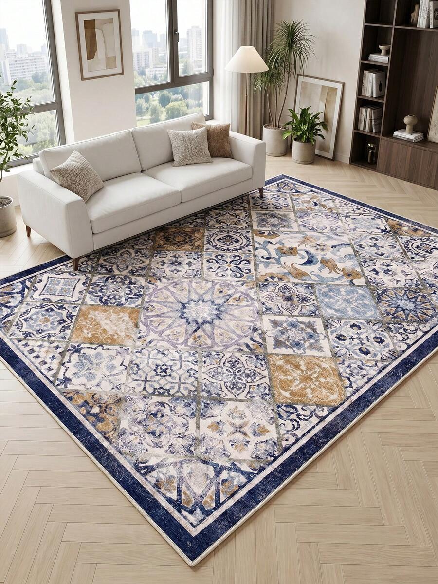 1pc Blue Moroccan Style Living Room Rug. Suitable For Kitchen, Dining Room, Bedroom, Room Holiday Decoration, Indoor/Outdoor, Office, Lobby, Anti-Slip Doormat, Bathroom Rug, Hallway, Study Gaming Area Rug.