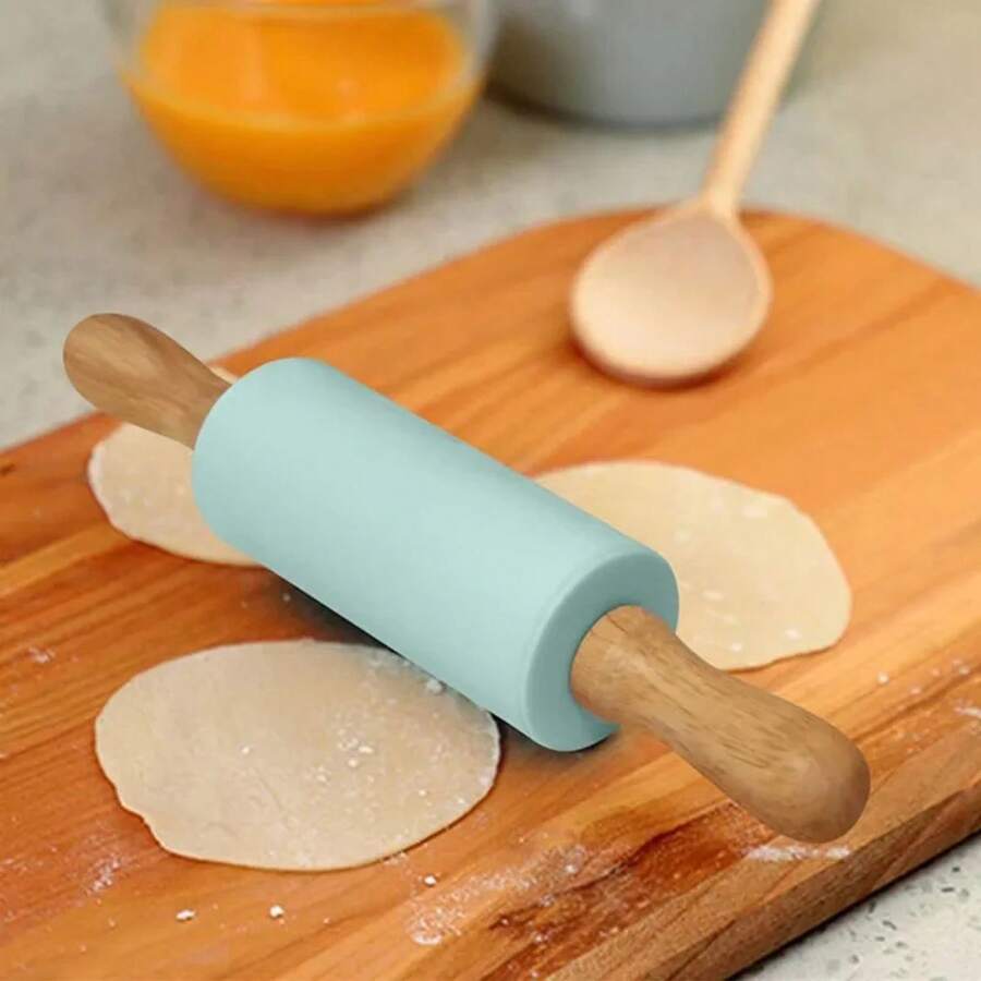 Non-Stick Silicone Rolling Pin Wooden Handle Pastry Dough Flour Roller Kitchen Cooking Baking Tool For Pasta Cookie Dough - S Green - View 1
