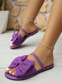 Women's Fashion Summer Leopard Print Bow Flat Sandals, Versatile Casual Vacation Beach Shoes, Elegant Footwear - Purple - View 2