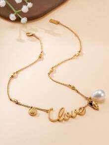 1pc French Style Gold Love Letter Pearl Necklace, Ocean Style Seashell Pendant Thin Choker Chain, Luxury Niche Versatile Women's Daily Commute Jewelry, Valentine's Day Gift Accessory - Multicolor - View 7