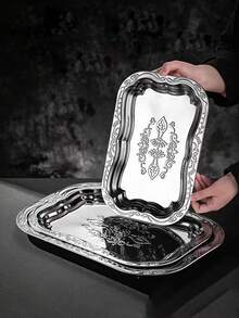 1pc Ins Retro Stainless Steel Tray, French Embossed Cake Plate, Home Tabletop Storage & Organizer Tray - View 6