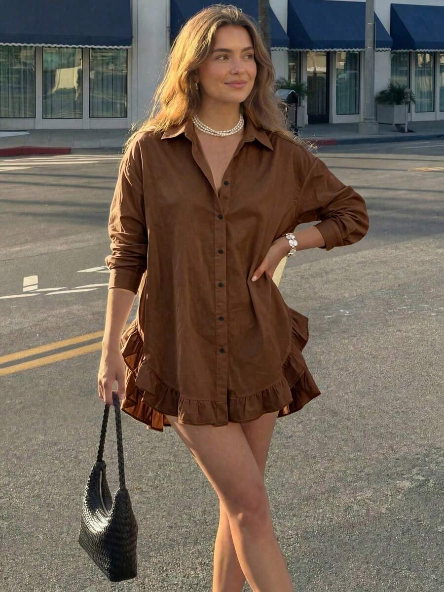 Women's Spring Casual Solid Color Front Button Ruffle Blouse Spring/Summer - Brown - View 1