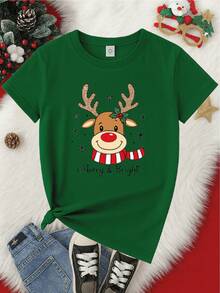Camiseta para niños de 4 a 12 años con un diseño mágico de renos para bebés con lentejuelas "Merry & Bright", cuello redondo, manga corta y 100%. - Verde - Ver 2