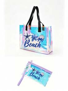 Holographic Rainbow Starfish & Shell Print Transparent Tote Bag, Colorful Transparent Beach Bag, Large Waterproof PVC Swimming Bag, Portable Transparent Travel Shoulder Bag, Lightweight Durable Pool Bag, Fashion Transparent Handbag Suitable For Beach Vacation, Swimming, Sports Training, Fitness, Travel, Daily Outings, Shopping, Mother's Day, Birthday, Anniversary, Party Gifts For Women, Girls, Moms, Friends, Summer Essential - Multicolor - View 13