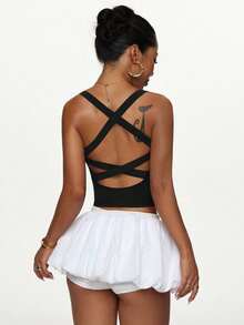 Solid Color Backless Cropped Sports Tank Top Casual Black - Black - View 6