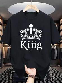 Camiseta para hombre con estampado gráfico de corona de rey, estilo casual, cuello redondo, manga corta, 100 % algodón puro, ropa de verano, regalo para él - Negro - Ver 1