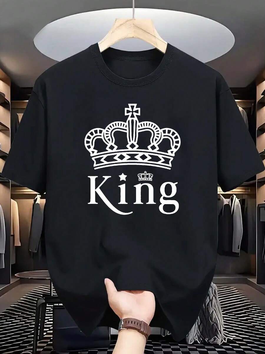Camiseta para hombre con estampado gráfico de corona de rey, estilo casual, cuello redondo, manga corta, 100 % algodón puro, ropa de verano, regalo para él - Negro - Ver 1