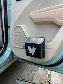 1pc Hanging Bowknot Car Garbage Can, Dust Box Storage Box Black ABS Square Stamping Trash Can, Waterproof Garbage Bin - one-size - View 15