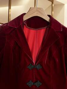 Women's Autumn/Winter Elegant Commute Holiday High-Quality Chinese Style Frog Button Decor Cinched Waist A-Line Long Sleeve Blazer - Burgundy - View 7