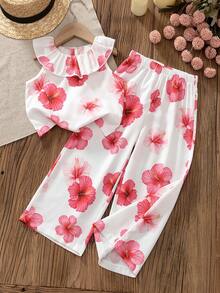 2pcs/Set Girls' Outfit With Large Floral Print, Ruffle Top And Loose Long Pants, Exquisite Ruffle Trim On Neckline And Cuffs, Straight Leg Pants With Elastic Waistband, Comfortable And Fashionable For Spring/Summer - Red and White - View 7
