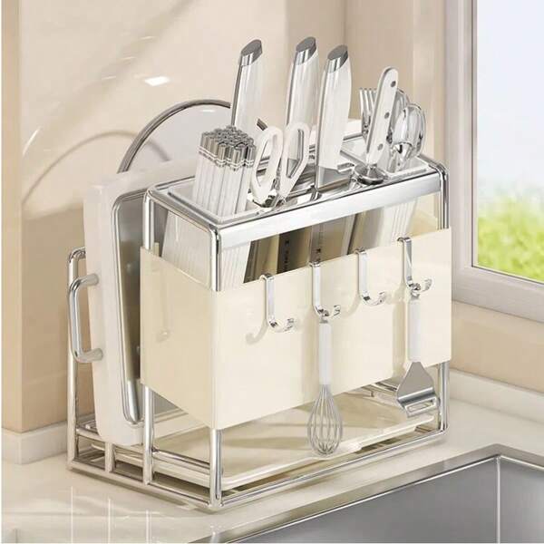 Knife Block And Holder Set: A Spacious, Multi-Functional Design That Includes A Cutting Board Rack, A Pot Lid Rack, A Kitchen Knife Holder, And A Kitchen Utensil Rack. Ideal For Kitchen Countertop Storage, This Set Comes With 4 Hooks And 1 Dish Towel