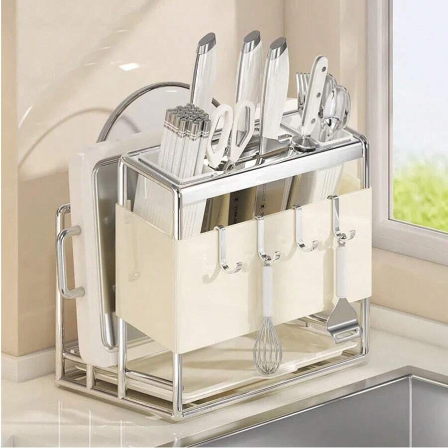 Knife Block And Holder Set: A Spacious, Multi-Functional Design That Includes A Cutting Board Rack, A Pot Lid Rack, A Kitchen Knife Holder, And A Kitchen Utensil Rack. Ideal For Kitchen Countertop Storage, This Set Comes With 4 Hooks And 1 Dish Towel - Apricot - View 1