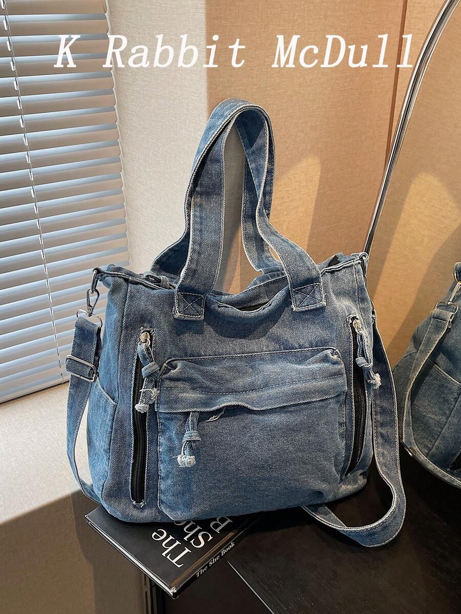 新款時尚休閒多口袋牛仔布托特包，百搭通勤大容量女款單肩包，學院風大學生上課包