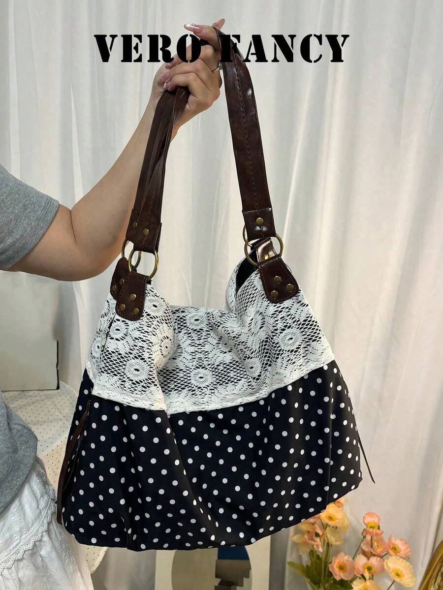 Personalized Slouchy Leisure Shoulder Tote Bag, Classic Polka-Dot Stitching Design, Practical And Versatile, Suitable For Daily Commuting Etc . - Multicolor - View 1