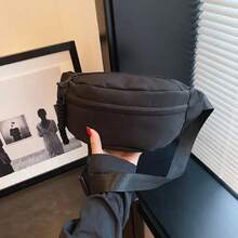 Bolso cruzado informal de lona de nailon con cremallera, estilo coreano, bolso de pecho de lona, bolso tipo banana, bolso de mano, riñonera para mujer/niñas - Negro - Ver 2