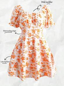 Vestido casual y lindo con estampado floral ditsy, cintura elástica, cuello redondo y volantes en el bajo de manga corta para mujer - Amarillo - Ver 2