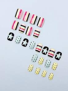 24 piezas de uñas postizas cortas cuadradas, estilo Y2K Millennium, rayas multicolor, pentagrama azul, patrón de lunares negros, estilo dulce y cool girl, pegatinas para uñas, adecuadas para uso diario, baile, fiesta de vacaciones + 2 piezas de accesorios de herramientas para arte de uñas - Multicolor - Ver 3